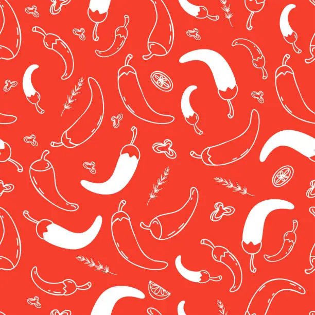 Vector illustration of Seamless pattern with Mexican hot chili peppers on red background. Vector illustration spicy vegetable in linear doodle style for wallpaper, packaging, textile, design, decor, culinary themes.