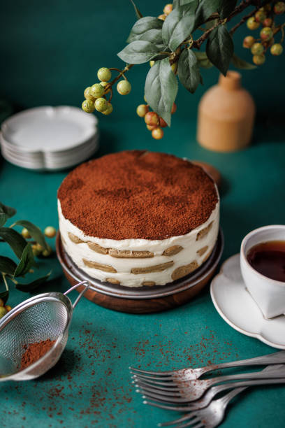 istock Round tiramisu cake on a teal green background 1447966190
