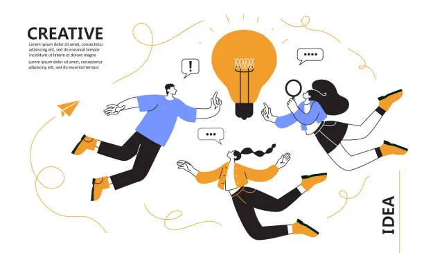 Vector illustration of Vector illustration. people moving around a bulb, a metaphor for the birth of a creative idea. Team thinking and brainstorming. Business concept analysis. graphic design idea of project activity