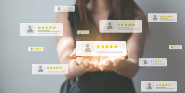 Business people using smartphone and pressing review popup on visual screen, customer review by five star feedback, positive customer feedback testimonial. Business people using smartphone and pressing review popup on visual screen, customer review by five star feedback, positive customer feedback testimonial. testimonial stock pictures, royalty-free photos & images