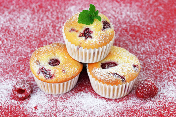 Chocolate and vanilla cupcakes decorated with fresh berries on rustic wooden background