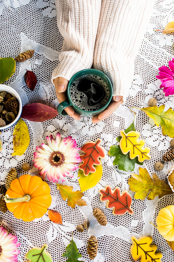 A flat lay of woman's sleeves wearing a white sweater having breakfast, with her leaf collection in autumn