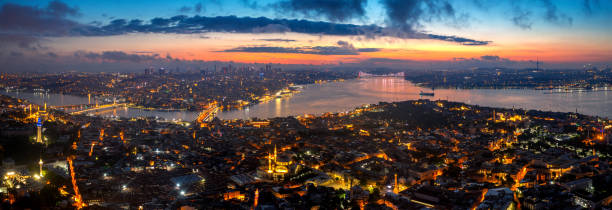 Panorama of Istanbul city at twilight in Turkey. stock photo