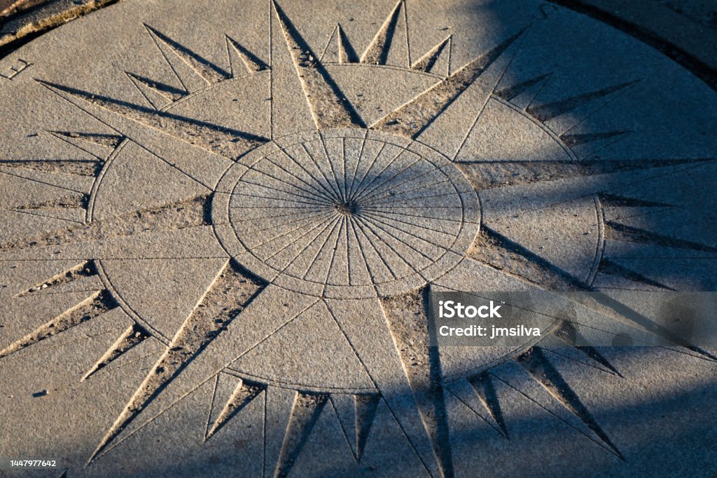 Windrose carved on a concrete surface Cardinal points, Portland Head Light, Maine, USA Maine Stock Photo