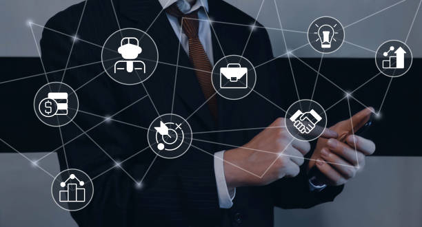 istock Managing company closeup concept image with white glyph icons 1447979689