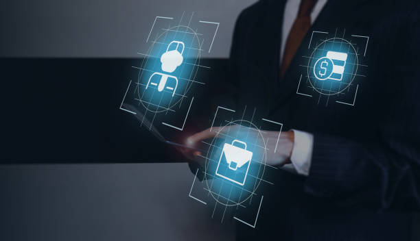 istock Business elements closeup concept image with white glyph icons 1447979698
