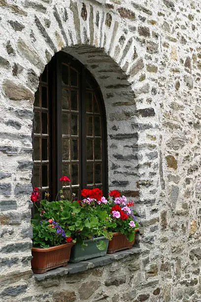 Semi-circular arch with red geraniums in window-box.