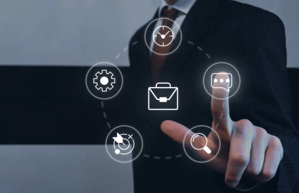 istock Business process closeup concept image with white glyph icons 1447979712