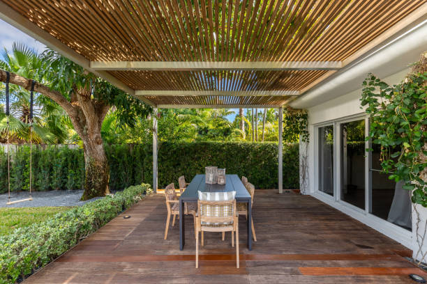istock Beautiful patio with dark wood floor 1447981468