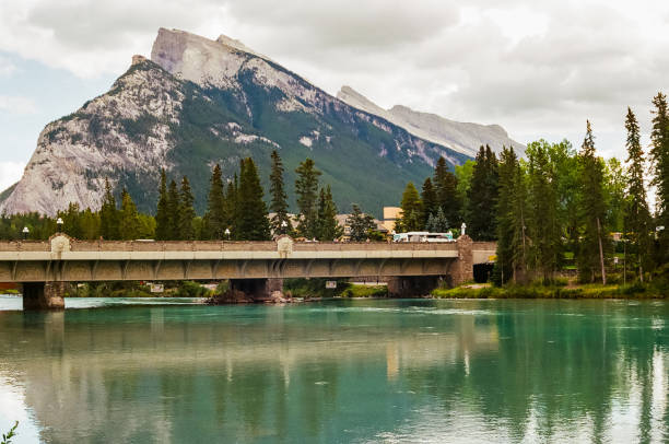 The Bow River and a bridge in Banff with Mount Rundle as the background. Taken on 35 mm film