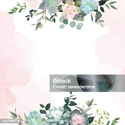 istock Greenery, white rose flowers, echeveria succulent vector design invitation frame 1447981720