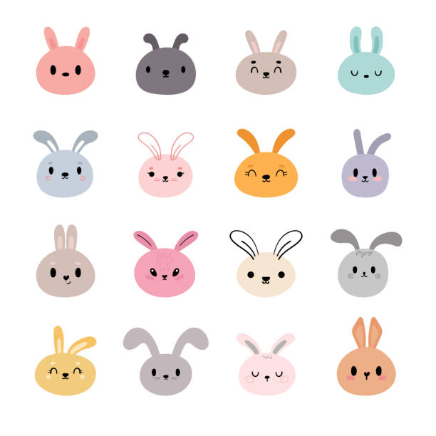 set niedlicher kawaii-kaninchen. comicfigur. lustige doodle-tiere. kleiner hase. ostern, neujahrsthema - easter rabbit baby rabbit mascot stock-grafiken, -clipart, -cartoons und -symbole