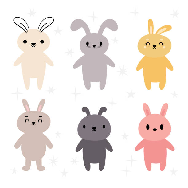 ilustraciones, imágenes clip art, dibujos animados e iconos de stock de conjunto de lindos conejos kawaii. conejito. personaje de dibujos animados. divertidos animales garabatos. tema pascua, año nuevo - easter rabbit baby rabbit mascot