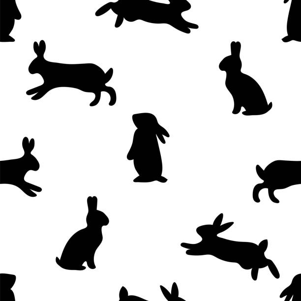 ilustraciones, imágenes clip art, dibujos animados e iconos de stock de patrón sin costuras dibujado a mano con siluetas de liebres. conejo, conejito. antecedentes con animales - bunny girl