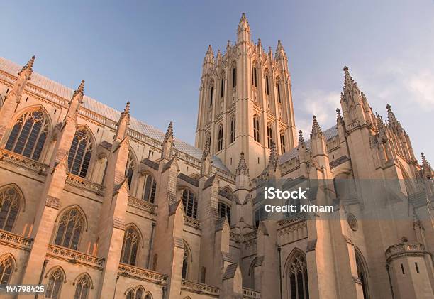 National Cathedral In The Morning Sun Stock Photo - Download Image Now - Architecture, Blue, Building Exterior