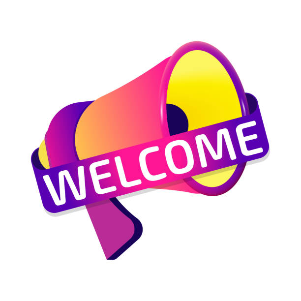 illustrazioni stock, clip art, cartoni animati e icone di tendenza di etichetta banner di benvenuto, icona badge con megafono. design piatto - hotel greeting welcome sign service