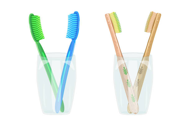 Toothbrushes in mug isolated on white background. Two glass cup with plastic and bamboo toothbrushes. vector art illustration
