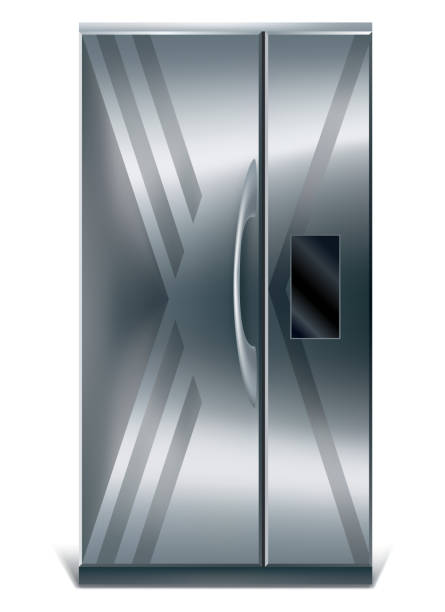 istock Gray vertical fridge for preserve food. Silver refrigerator with two doors. Modern cooler for home, products storage 1447985641