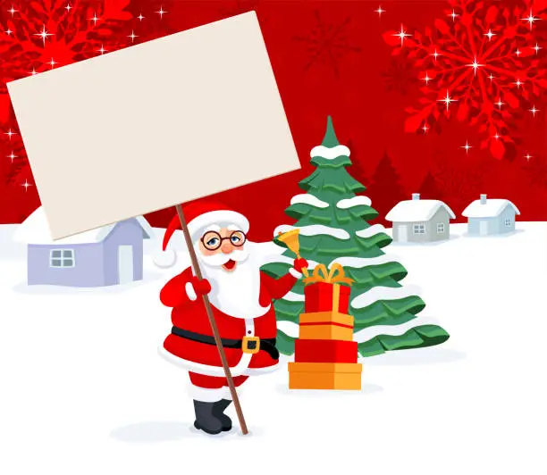 Vector illustration of Santa Claus holding a sign board. Christmas card. Christmas Background.