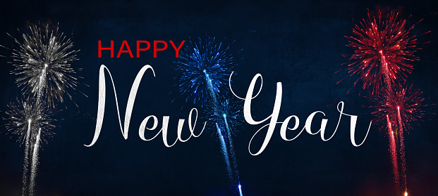 HAPPY NEW YEAR celebration holiday background banner greeting card USA America United States - Blue red white firework on dark night sky