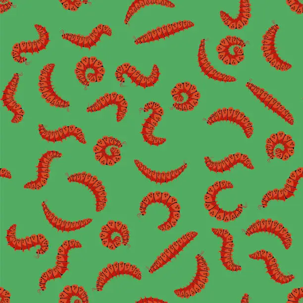 Vector illustration of Red Cartoon Caterpillars Seamless Pattern Isolated on Green Background. Cute Summer Insects. Small Maggot Move. Butterfly Life Cycle