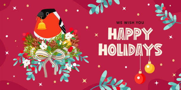 istock Happy holidays banner with bullfinch, fir tree and holly branch, cone on red background. Vector Christmas greeting card. Illustration For winter decoration, posters, banners, sales and other 1447988907
