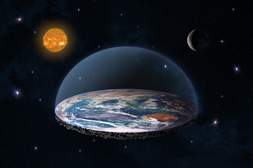 Flat Earth in space with sun and moon. Flat planet Earth conspiracy theory. The flat Earth model is an archaic conception of Earth's shape as a plane or disk. Elements of this image furnished by NASA. ______ Url(s): https://images.nasa.gov/details-GSFC_20171208_Archive_e002130  https://www.nasa.gov/content/goddard/one-giant-sunspot-6-substantial-flares/  https://images.nasa.gov/details-GSFC_20171208_Archive_e001861