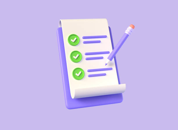 istock 3D clipboard with completed task list, pencil and green checkmark. Checklist with successfully completed business tasks. Project plan document. illustration isolated on purple background. 3d rendering 1447989586