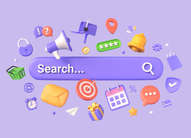 istock 3d search bar surrounded by different elements. marketing or online shopping concept. commercial activity on the Internet. illustration isolated on purple background. 3d rendering 1447989589