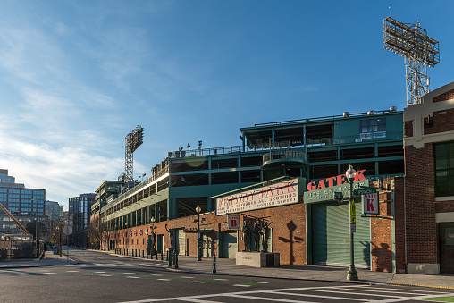 Boston, MA, USA - Nov 24, 2022:  Surroundings of the famous Fenway Park baseball stadium, home of the Boston Red Sox. Fenway Park is a baseball stadium located in Boston, Massachusetts, United States. Since 1912, it has been the home of the Boston Red Sox, the city's American League baseball team, and since 1953, its only Major League Baseball (MLB) franchise.