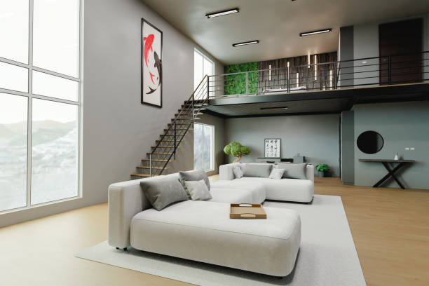 istock Bright interior space with two floors and modern decoration 3d render 1447989698