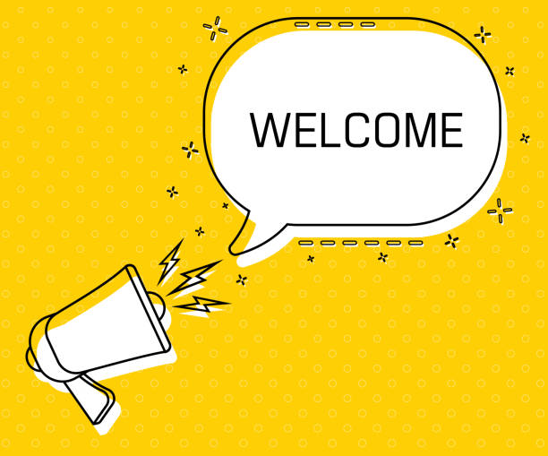 Welcome. Megaphone and colorful yellow speech bubble with quote. Blog management, blogging and writing for website. Concept poster for social networks, advertising, banner Welcome. Megaphone and colorful yellow speech bubble with quote. Blog management, blogging and writing for website. Concept poster for social networks, advertising, banner. Flat design greeting stock illustrations