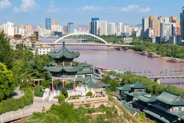 Panoramic view of the downtown of Lanzhou crossed by the Yellow river; Gansu province, China