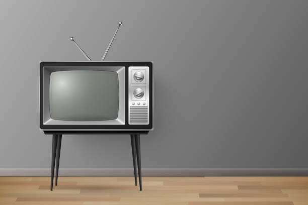istock Vector 3d Realistic Retro TV Receiver on a Wooden Table Stand. Home Interior Design Concept. Vintage TV Set on the Wooden Floor. Television, Front View 1447993354
