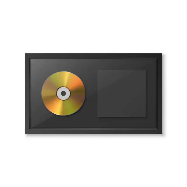 Vector illustration of Realistic Vector 3d Yellow Golden CD, Label with Black CD Cover Frame Isolated. Single Album Compact Disc Award, Limited Edition. CD Design Template