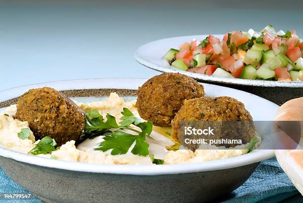 Hummus Falafel And Arabic Salad Stock Photo - Download Image Now - Appetizer, Bean, Capital Cities