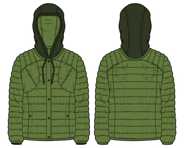 Vector illustration of Down puffa Hoodie jacket design flat sketch Illustration, Quilted Puffer Padded Hooded jacket with front and back view, Soft shell winter jacket for Men and women for outerwear in winter.