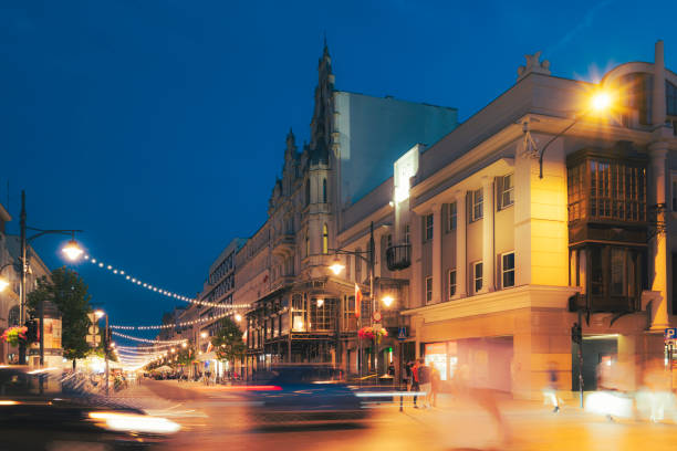 Piotrkowska street in Lodz during sunset