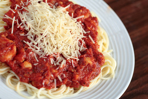 Slanted view of seafood pasta stock photo