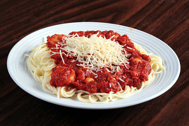 Centered view of seafood pasta stock photo