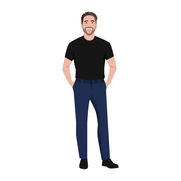 Vector illustration of Bearded Man in with Muscular Body in Standing Pose with both his hands inside pocket. Full Length Vector Illustration