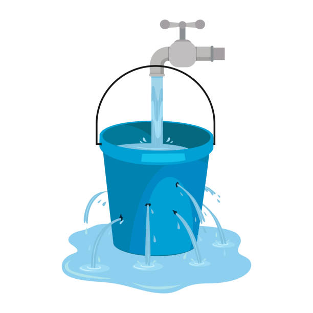 wasserverschwendung aus laufendem wasserhahn. verschwendung von wasser thema für sicheres wasser. wasser aus dem lochkübel auf dem boden verteilen. - eimer stock-grafiken, -clipart, -cartoons und -symbole