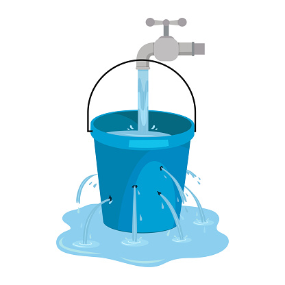 Water waste from running tap. Wastage of water theme for save water. Spread water on floor from hole bucket.
