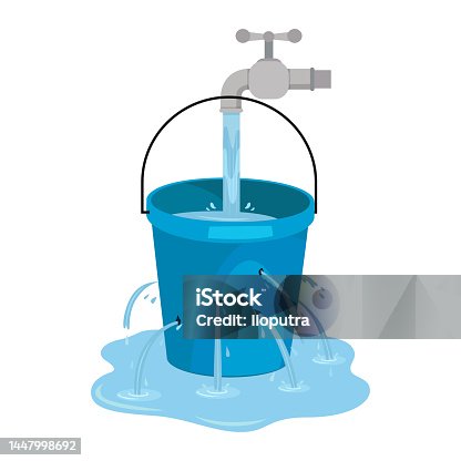 istock Water waste from running tap. Wastage of water theme for save water. Spread water on floor from hole bucket. 1447998692