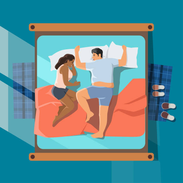 widok z góry pary śpiącej razem w łóżku pod kocem. ilustracja wektorowa. różnorodność w parach rasowych - men sleeping african descent shoe stock illustrations