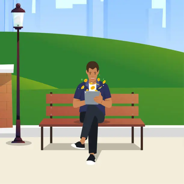 Vector illustration of Business concept cartoon smartphone help businessman to earn money. Man sitting on a bench at park holding tablet or phone making coins or money