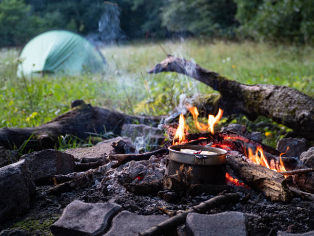istock Cooking on a campfire with tent in the background 1447999196