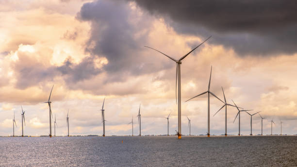 istock Offshore Windfarm at sea under cloudy sky 1447999491