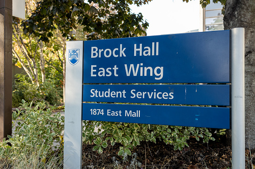 Vancouver, Canada - October 14,2022: View of sign Brock Hall Easst Wing at University of British Columbia