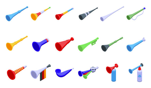 illustrazioni stock, clip art, cartoni animati e icone di tendenza di le icone di vuvuzela impostano il vettore isometrico. sud africa - vuvuzela